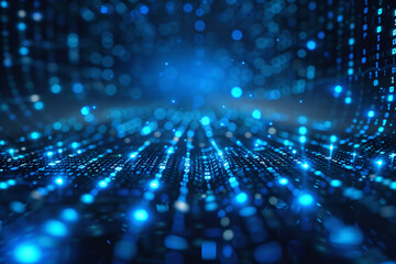 Bright binary code digital data stream on blue background