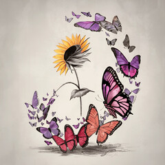 Tournesol et papillons minimalistes : illustration captivante au crayon au fusain avec un attrait vintage - obrazy, fototapety, plakaty