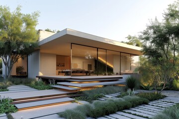 Fototapeta premium A modern minimalist house tucked away in a secluded courtyard in the heart of downtown