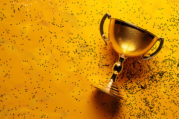 Top view of metallic golden goblet on bright yellow background with sequin. Goal achievement concept. Trendy colors of the year