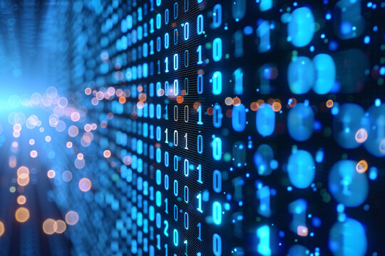 Blue binary code digital data stream on dark background