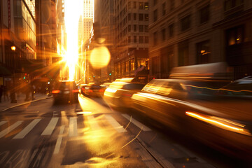 Fototapeta na wymiar Traffic in the city, golden hour, strong motion blur. Created with Generative AI technology.