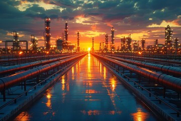 Fototapeta na wymiar Parallel pipelines lead the eye towards the setting sun amidst the sprawling industrial landscape
