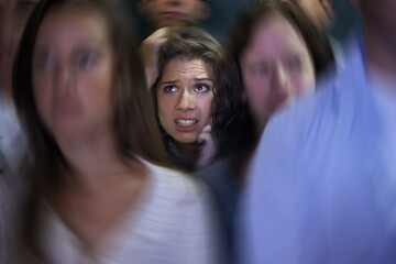 Woman, crowd and social anxiety in stress with fear, worried and panic with nervous, overthinking...