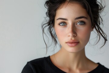 Fototapeta premium Portrait of a young woman with natural makeup, freckles, and tousled hair on a white or grey background.