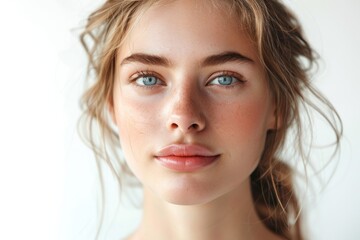 Fototapeta premium Portrait of a young woman with natural makeup, freckles, and tousled hair on a white or grey background.