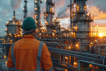 Worker in safety gear gazes at sunset amidst the complex machinery of an oil refinery, symbolizing hope