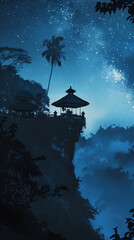 Balinese silence day Nyepi poster and stories background 9:16 with night temple silhouette on a hill and starry sky in dark blue colours