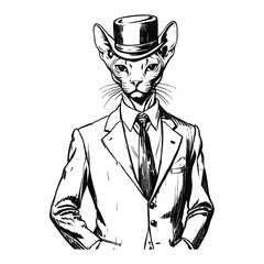 Anthro Humanoid Sphynx Cat Wearing Business Suite and Hat Old Retro Vintage Engraved Ink Sketch Hand Drawn Line Art