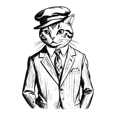 Anthro Humanoid British Shorthair Cat Wearing Business Suite and Hat Old Retro Vintage Engraved Ink Sketch Hand Drawn Line Art