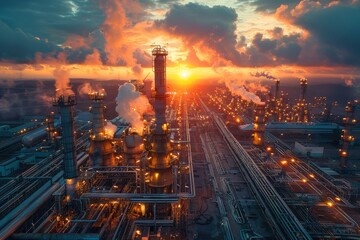 The sun rises, casting a warm glow over the steam and structures of a busy industrial petrochemical...