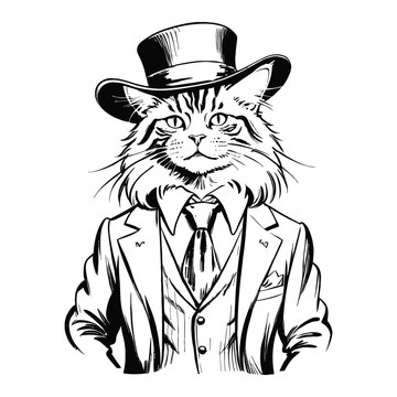 recommend clip art: Anthro Humanoid Maine Coon Cat Wearing Business Suite and Hat Old Retro Vintage Engraved Ink Sketch Hand Drawn Line Art