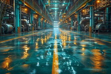 A dynamic view of an expansive industrial facility, with reflections on the wet floor adding a pop of color and vibrancy