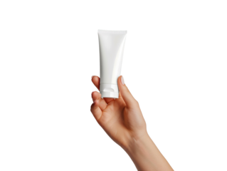woman hand is holding a mockup tube of facial cream on a white isolated background PNG