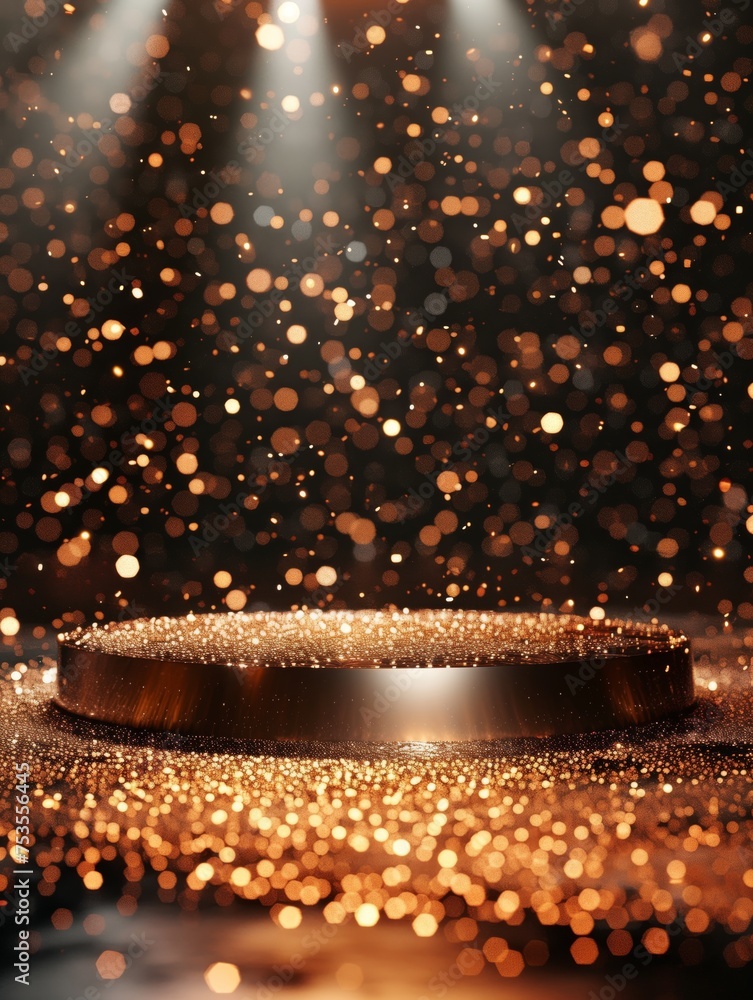 Poster empty space of round golden podium or pedestal in with sparkling glitter bokeh spotlight for your pr