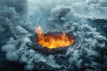 A volatile volcanic eruption with flowing lava and billowing smoke and ash creates a powerful and dynamic natural phenomenon