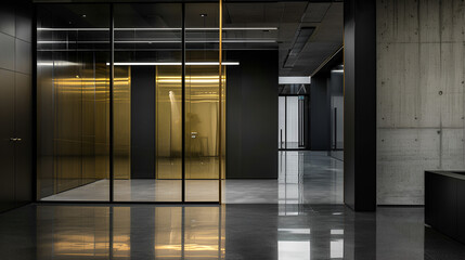 Empty office made of solid cement and glass, black and gold element.
