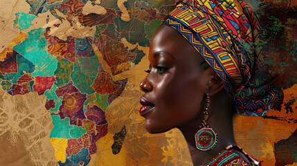 the face of an ethnic African woman in a traditional outfit against the background of Africa on a map, copy space
