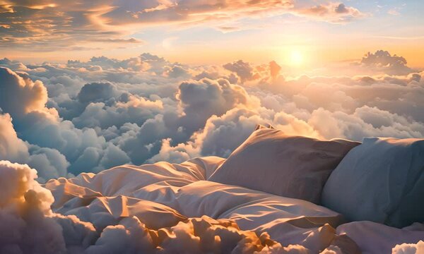 Bed with white linen against a backdrop of a cloudy sunset sky. The concept of comfort and relaxation.