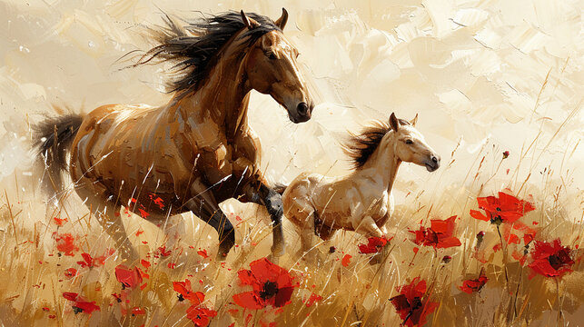 Art abstraction, plants, flowers, golden grains. Oil on canvas. Brush the paint. Animals, horses