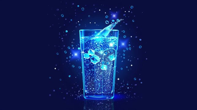 Trendy square with particles Water glass icon. Soda glass vector illustration. 