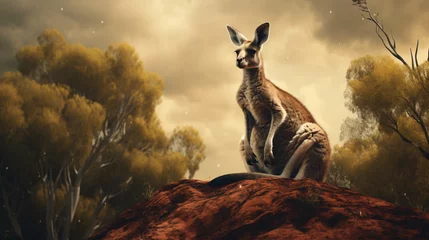 Tuinposter Furry Australian kangaroo sits on hill top © Cedar