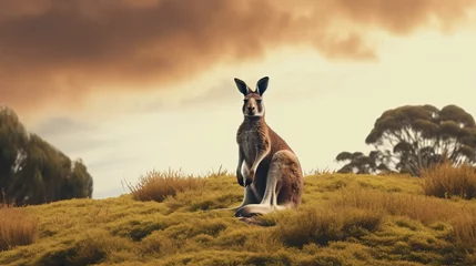 Poster Furry Australian kangaroo sits on hill top © Cedar