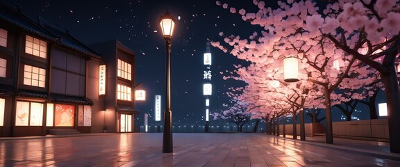 Landscape illustration of city square buildings with beautiful lights and cherry blossoms at night. Anime art style - obrazy, fototapety, plakaty