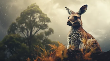 Rolgordijnen Furry Australian kangaroo sits on hill top © Cedar