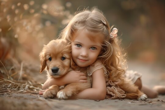 Little girl hugs his cute puppy dog. 