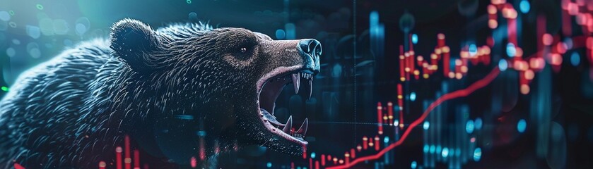 Bear claw slashing through digital charts representing bear market downturns - obrazy, fototapety, plakaty