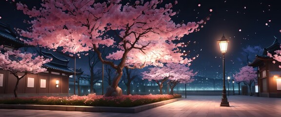 Landscape illustration of city square buildings with beautiful lights and cherry blossoms at night. Anime art style