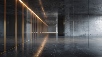Empty office made of solid cement and glass, black and gold element.