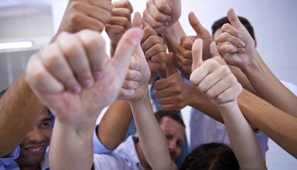 Success, closeup and business people with thumbs up in office for support, motivation ot thank you gesture. Zoom, partnership and team with hands in solidarity for winning, goal or target achievement