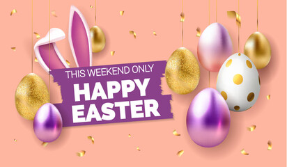 Happy Easter banner, card, cover, poster or flyer design in 3d realistic style with gold and purple eggs, rabbit ears on violet background. Modern design for social media, sale, advertisement, web.