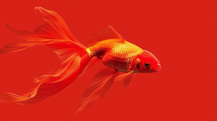 A radiant goldfish with flowing fins, swimming in a dynamic pose against a solid crimson red background.