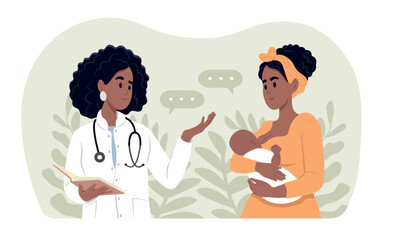 National Pediatrician Day baner. A pediatrician and a mother with a baby in her arms of different races and ages. Male and female doctors talking to patients during consultation.