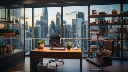 A sleek and modern executive office with a stunning cityscape view, featuring a stylish desk setup that radiates sophistication and professionalism.