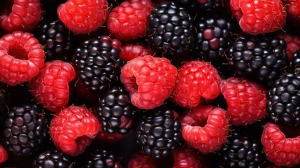 A vibrant close-up of fresh raspberries and blackberries, a colorful depiction of healthy, natural...
