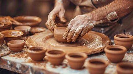An artist shapes clay on a pottery wheel, crafting with skill and precision, in a warm, earth-toned setting that evokes the timeless tradition of pottery.