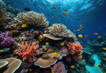 Naklejka na ściany i meble illustration, exploring vibrant underwater world coral reefs marine life: visual journey through depths ocean, fish, sea, blue, ecosystem, biodiversity