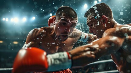 Capturing a pivotal moment in a boxing rivalry, this image highlights the intense showdown between two determined fighters in the spotlight of the ring. - obrazy, fototapety, plakaty