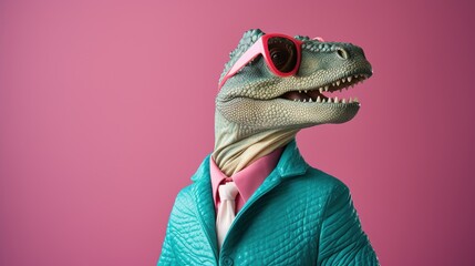 A dinosaur with a flair for the dramatic dons a cravat and jacket against a pink backdrop, creating...