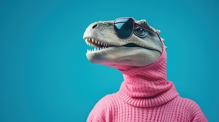 Sporting pink knitwear and stylish sunglasses, this dinosaur strikes a pose of casual elegance, an amusing choice for lifestyle content or eclectic fashion statements. - obrazy, fototapety, plakaty