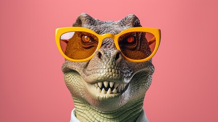 Obraz premium A T-Rex dons striking yellow glasses, bringing a playful edge to the modern trend of mixing whimsy with fashion, ideal for creative projects or humorous marketing campaigns.