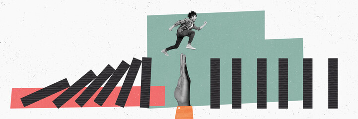 Panoramic picture running persistent man jump over human hand palm overcome challenge fearless ambitious dream destination achieve