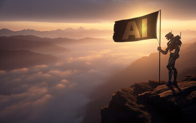 AI, artificial intelligence victory concept defeat, win, gain, conquer, hit humans or help people to be better. A robot on the top, summit of the mountain with an AI flag. Beautiful landscape