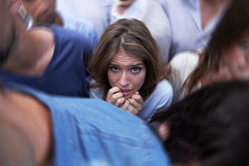 Woman, crowd and trapped with social anxiety at work with stress, scared and overthinking with...