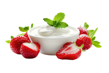 Yogurt: a source of probiotics Helps balance bacteria in the intestines Nourish the digestive system Strengthen immunity isolated on white background.