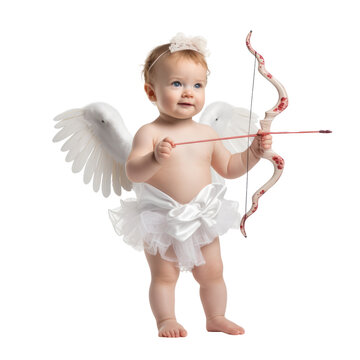 Baby cupid with angel wings and bow arrow isolated on transparent background PNG cut out.